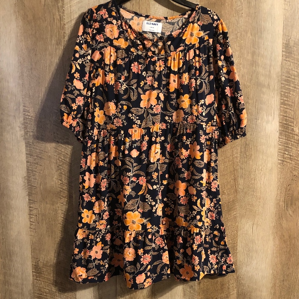 Old Navy Blue Floral Tiered Dress with Orange Peach Blooms